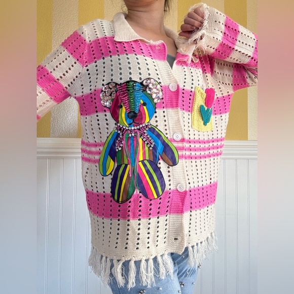 None Sweaters - Colorful Striped Cardigan with Bear and Flower Patches